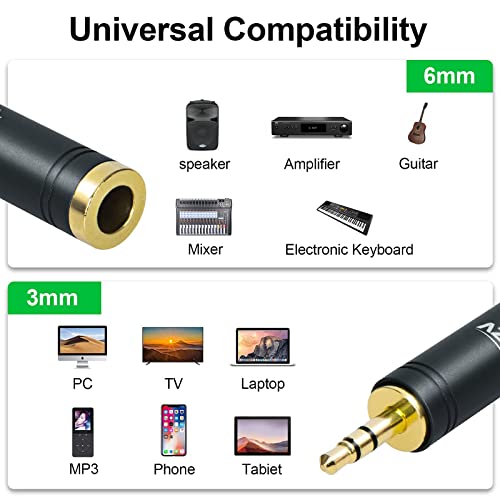 AAZV 1/4'' to 3.5mm Stereo Pure Copper Adapter, 1/8 ''（6.35mm）Plug Male to 1/4 ''（3.5mm）Jack Female Stereo Adapter Mini Jack Aux Converter Compatible with Speaker Headphone, Amp Adapte - Black, 2 Pack