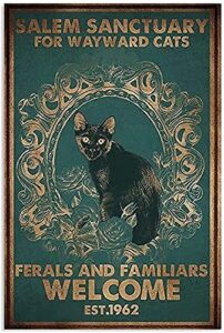 black cat metal tin sign,salem sanctuary for wayward cats,vintage poster plaque sign for home restaurant kitchen wall decor best family decor gift 8x12 inch