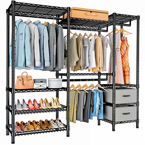 VIPEK V8 Wire Garment Rack 5 Tiers Heavy Duty Clothes Rack with 2 Fabric Drawers & Shoes Racks, Freestanding Wardrobe Closet Metal Clothing Rack, Max Load 816LBS, Black