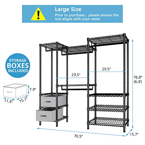 VIPEK V8 Wire Garment Rack 5 Tiers Heavy Duty Clothes Rack with 2 Fabric Drawers & Shoes Racks, Freestanding Wardrobe Closet Metal Clothing Rack, Max Load 816LBS, Black