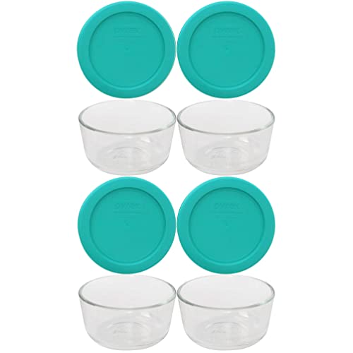 Pyrex (4 7202 1-Cup Glass Bowls & (4) 7202-PC 1-Cup Turquoise Lids