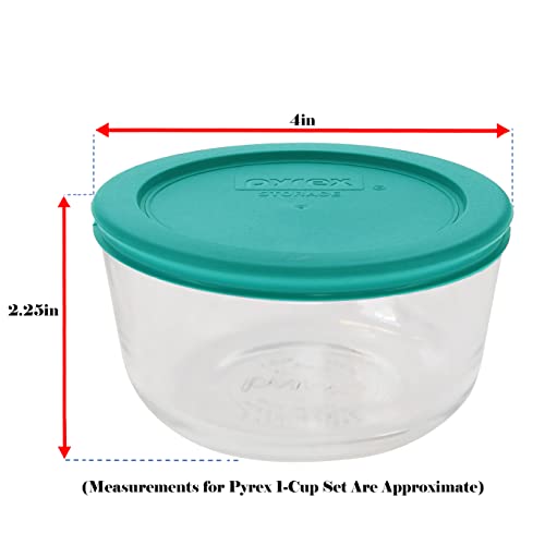 Pyrex (4 7202 1-Cup Glass Bowls & (4) 7202-PC 1-Cup Turquoise Lids