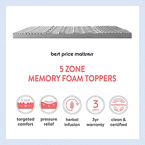 Best Price Mattress 3 Inch 5-Zone Memory Foam Mattress Topper with Bamboo Infusion and Moisture Control, CertiPUR-US Certified, Twin,Grey