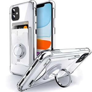shields up designed for iphone 11 case, minimalist wallet case with card holder [3 cards] & ring kickstand/stand, [drop protection] slim protective cover for apple iphone 11 (6.1 inch) - clear