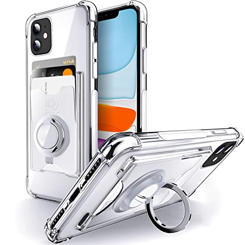 Shields Up Designed for iPhone 11 Case, Minimalist Wallet Case with Card Holder [3 Cards] & Ring Kickstand/Stand, [Drop Protection] Slim Protective Cover for Apple iPhone 11 (6.1 inch) - Clear