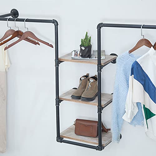 CIVANA Black Garment Rack,Industrial Pipe Clothing Rack Rustic Garment Hanging Bar, Retail Display Shelf with 3 Tiers Wood, Boutique Multi-Purpose Storage Rack (Black, 110'' L)