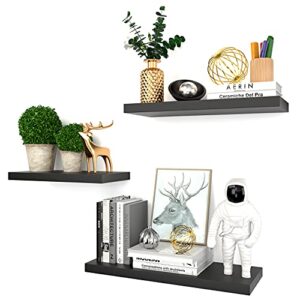 eefow black floating shelves wall mounted - 3 sets decor display ledge shelf wood modern with invisible brackets for living room bedroom bathroom kitchen storage home plant photo frames decoration