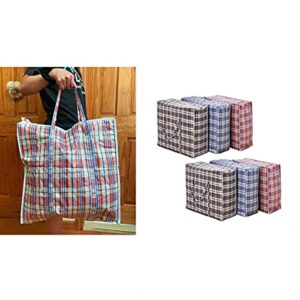 Set of 6 Large Plastic Checkered Laundry Bags with Zipper and Handles for Travel, Laundry, Shopping, Storage, Moving ,Size:(19"x19"x7") - Color May Vary