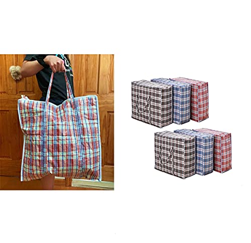 Set of 6 Large Plastic Checkered Laundry Bags with Zipper and Handles for Travel, Laundry, Shopping, Storage, Moving ,Size:(19"x19"x7") - Color May Vary