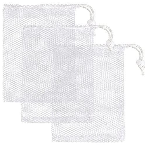 gsnma 16 Pieces Nylon Mesh Drawstring Bag, 5.5 x 7.5 inch Durable Mesh Drawstring Bag with Sliding Drawstring for Rinsing Beach Toys, Mesh Bags and Travel(White)