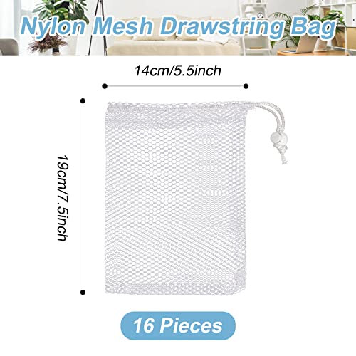 gsnma 16 Pieces Nylon Mesh Drawstring Bag, 5.5 x 7.5 inch Durable Mesh Drawstring Bag with Sliding Drawstring for Rinsing Beach Toys, Mesh Bags and Travel(White)