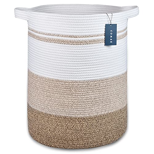 COMSE Extra Large Laundry Basket, Tall Blanket Basket, Laundry Hamper with Handles, 15.7”x 21.7”, Cotton Rope Basket, Woven Laundry Basket, Toy Basket, Clothes Baskets,Woven Basket,Gradient Brown