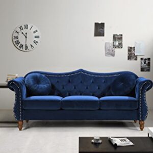 US Pride Furniture Anna Collection Modern Chesterfield Velvet Upholstered Sofa for Living Room with Elegant Rolled Arms, Solid Wood Frame & Accent Throw Pillows, Couch, Cobalt
