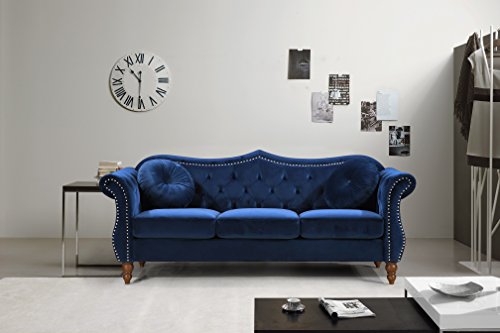 US Pride Furniture Anna Collection Modern Chesterfield Velvet Upholstered Sofa for Living Room with Elegant Rolled Arms, Solid Wood Frame & Accent Throw Pillows, Couch, Cobalt