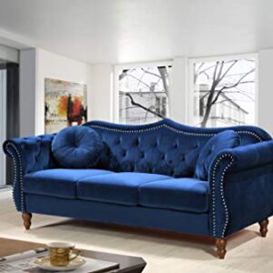 US Pride Furniture Anna Collection Modern Chesterfield Velvet Upholstered Sofa for Living Room with Elegant Rolled Arms, Solid Wood Frame & Accent Throw Pillows, Couch, Cobalt