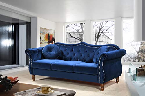 US Pride Furniture Anna Collection Modern Chesterfield Velvet Upholstered Sofa for Living Room with Elegant Rolled Arms, Solid Wood Frame & Accent Throw Pillows, Couch, Cobalt