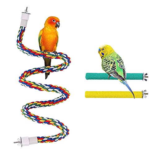 Mogoko Flexible Rope Bungee Bird Perch with 2Pcs Rough Sticks Bird Toy Birdcage Stands for Parrots Parakeets Cockatiels Conures Macaws Love Birds