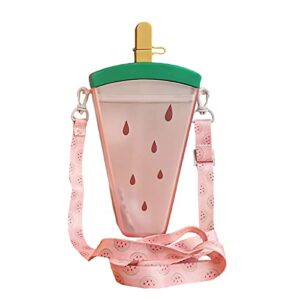 cute water bottles with straw | kids adjustable shoulder strap | watermelon ice cream water jug | anti-fall portable popsicle transparent drink bottle (b-red)