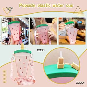 Cute Water Bottles with Straw | Kids Adjustable Shoulder Strap | Watermelon Ice Cream Water Jug | Anti-Fall Portable Popsicle Transparent Drink Bottle (B-Red)