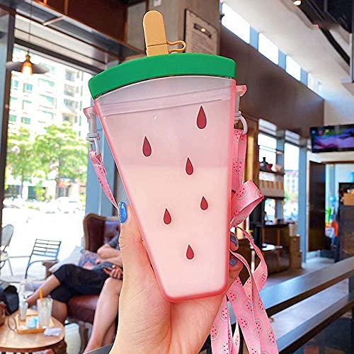 Cute Water Bottles with Straw | Kids Adjustable Shoulder Strap | Watermelon Ice Cream Water Jug | Anti-Fall Portable Popsicle Transparent Drink Bottle (B-Red)