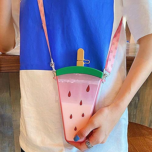 Cute Water Bottles with Straw | Kids Adjustable Shoulder Strap | Watermelon Ice Cream Water Jug | Anti-Fall Portable Popsicle Transparent Drink Bottle (B-Red)