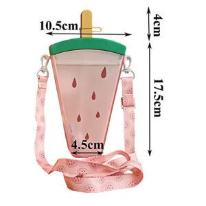 Cute Water Bottles with Straw | Kids Adjustable Shoulder Strap | Watermelon Ice Cream Water Jug | Anti-Fall Portable Popsicle Transparent Drink Bottle (B-Red)