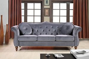 us pride furniture anna collection modern chesterfield velvet upholstered sofa for living room with elegant rolled arms, solid wood frame & accent throw pillows, couch, ash grey