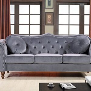 US Pride Furniture Anna Collection Modern Chesterfield Velvet Upholstered Sofa for Living Room with Elegant Rolled Arms, Solid Wood Frame & Accent Throw Pillows, Couch, Ash Grey