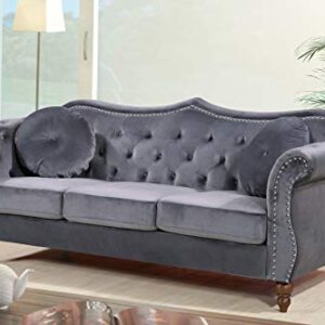 US Pride Furniture Anna Collection Modern Chesterfield Velvet Upholstered Sofa for Living Room with Elegant Rolled Arms, Solid Wood Frame & Accent Throw Pillows, Couch, Ash Grey