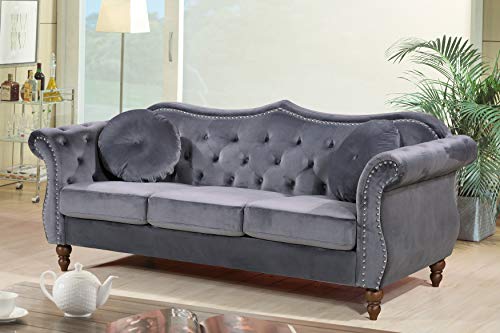 US Pride Furniture Anna Collection Modern Chesterfield Velvet Upholstered Sofa for Living Room with Elegant Rolled Arms, Solid Wood Frame & Accent Throw Pillows, Couch, Ash Grey