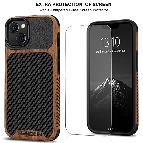 TENDLIN Compatible with iPhone 13 Case Wood Grain with Carbon Fiber Texture Design Leather Hybrid Case Compatible for iPhone 13 6.1-inch Released in 2021 Black