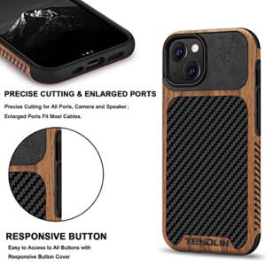 TENDLIN Compatible with iPhone 13 Case Wood Grain with Carbon Fiber Texture Design Leather Hybrid Case Compatible for iPhone 13 6.1-inch Released in 2021 Black