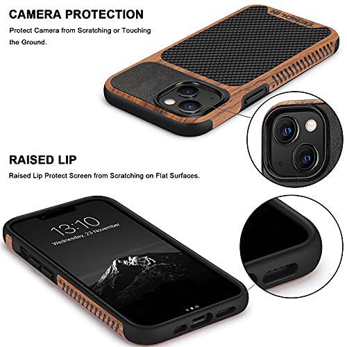 TENDLIN Compatible with iPhone 13 Case Wood Grain with Carbon Fiber Texture Design Leather Hybrid Case Compatible for iPhone 13 6.1-inch Released in 2021 Black