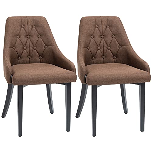 HOMCOM Modern Dining Chairs Set of 2, Button Tufted High Back Accent Chairs with Upholstered Seat, Steel Legs for Living Room, Kitchen, Study, Brown