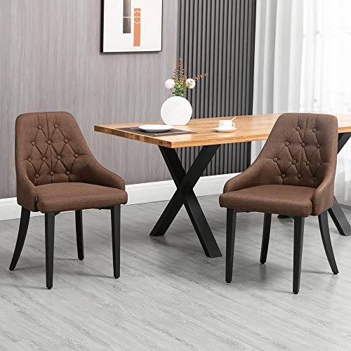 HOMCOM Modern Dining Chairs Set of 2, Button Tufted High Back Accent Chairs with Upholstered Seat, Steel Legs for Living Room, Kitchen, Study, Brown