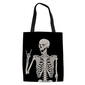 instantarts rock roll skull skeleton bone love canvas tote shoulder bag halloween style shopping casual handbag travel totes