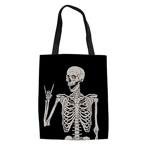 INSTANTARTS Rock Roll Skull Skeleton Bone Love Canvas Tote Shoulder Bag Halloween Style Shopping Casual Handbag Travel Totes