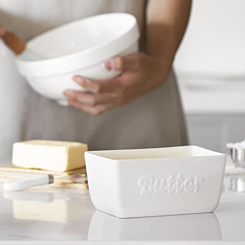 DOWAN Large Butter Dish, Butter Dish with Lid and Knife for Countertop or Fridge, Ceramic Butter Keeper Holds up to 4 Sticks, Airtight Butter Container, Farmhouse Kitchen Decor and Accessories, White