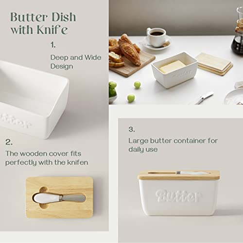 DOWAN Large Butter Dish, Butter Dish with Lid and Knife for Countertop or Fridge, Ceramic Butter Keeper Holds up to 4 Sticks, Airtight Butter Container, Farmhouse Kitchen Decor and Accessories, White