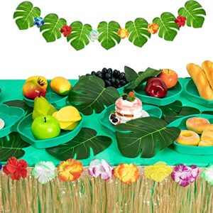 12 Pieces Palm Leaf Plates Hawaii Style Snack Tray Reusable Cookies Candy Dip Palm Leaf Serving Platter Green Plastic Food Tray Luau Party Palm Leaf Plates for Jungle Safari Tropical Birthday Supplies