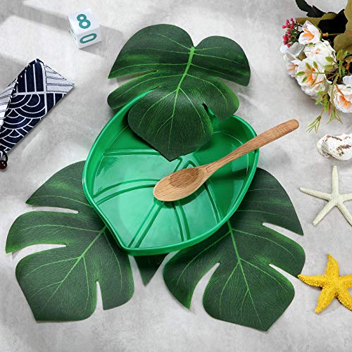 12 Pieces Palm Leaf Plates Hawaii Style Snack Tray Reusable Cookies Candy Dip Palm Leaf Serving Platter Green Plastic Food Tray Luau Party Palm Leaf Plates for Jungle Safari Tropical Birthday Supplies