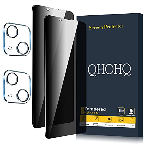 QHOHQ 2 Pack Privacy Screen Protector for iPhone 13 6.1" with 2 Packs Camera Lens Protector, Full Screen Tempered Glass Film,9H Hardness Scratch Resistant, Anti Spy, Easy Install - Case Friendly