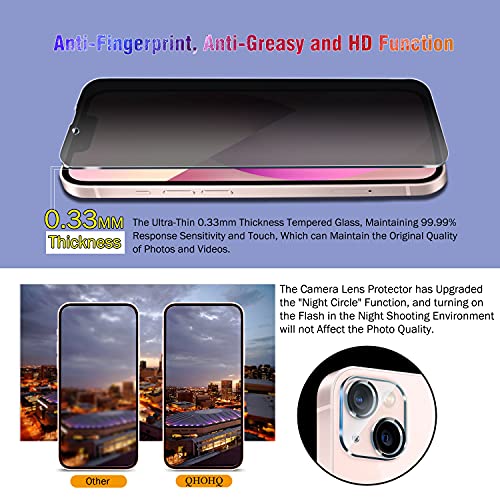 QHOHQ 2 Pack Privacy Screen Protector for iPhone 13 6.1" with 2 Packs Camera Lens Protector, Full Screen Tempered Glass Film,9H Hardness Scratch Resistant, Anti Spy, Easy Install - Case Friendly