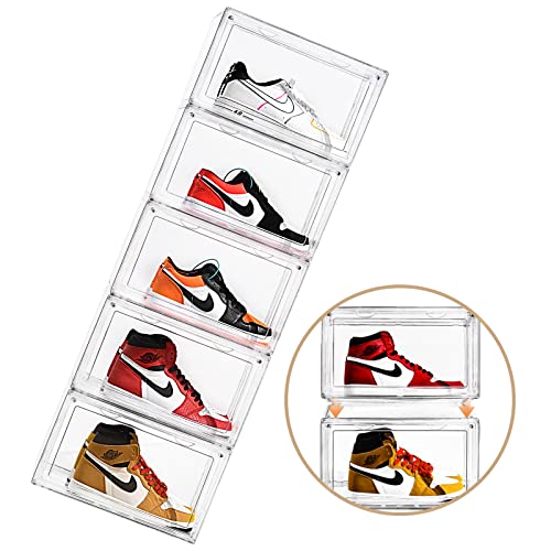 Clemate Acrylic Shoe Box,Set of 5,Extra Large Shoe Storage Boxes Clear Plastic Stackable,Shoe Containers with Clear door,Shoe Organizer For Sneaker Display,Easy Assembly,Fit for US Size 16(14.2"x 11"x 8.3")