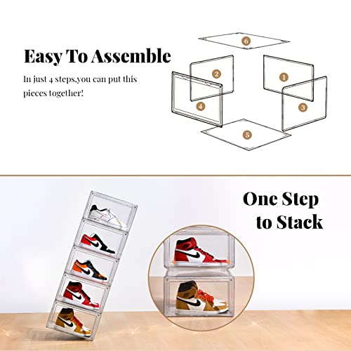 Clemate Acrylic Shoe Box,Set of 5,Extra Large Shoe Storage Boxes Clear Plastic Stackable,Shoe Containers with Clear door,Shoe Organizer For Sneaker Display,Easy Assembly,Fit for US Size 16(14.2"x 11"x 8.3")