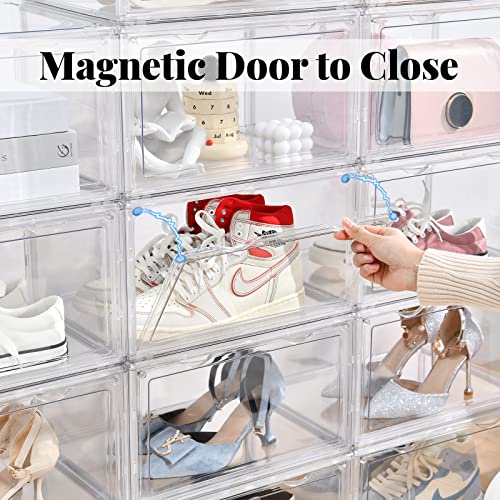 Clemate Acrylic Shoe Box,Set of 5,Extra Large Shoe Storage Boxes Clear Plastic Stackable,Shoe Containers with Clear door,Shoe Organizer For Sneaker Display,Easy Assembly,Fit for US Size 16(14.2"x 11"x 8.3")