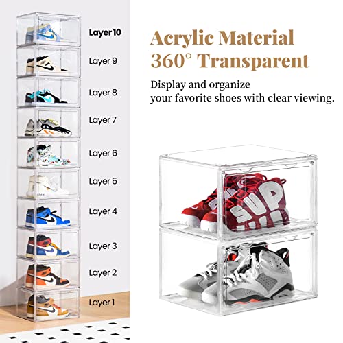 Clemate Acrylic Shoe Box,Set of 5,Extra Large Shoe Storage Boxes Clear Plastic Stackable,Shoe Containers with Clear door,Shoe Organizer For Sneaker Display,Easy Assembly,Fit for US Size 16(14.2"x 11"x 8.3")