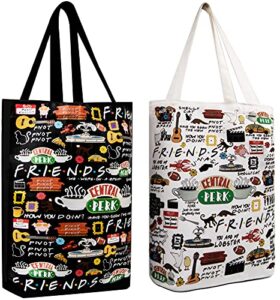 abctec friends tv show merchandise tote bags 2 pack large reusable grocery cotton shoulder bag handbag craft canvas bag friendship gifts for friends fan/women/men /birthday/christmas gifts ideas