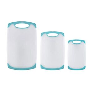 farberware non slip plastic cutting board set with juice grooves, set of 3, white and aqua