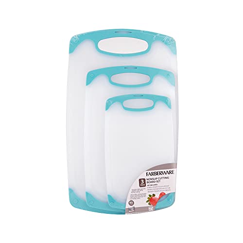 Farberware Non Slip Plastic Cutting Board Set with Juice Grooves, Set Of 3, White and Aqua